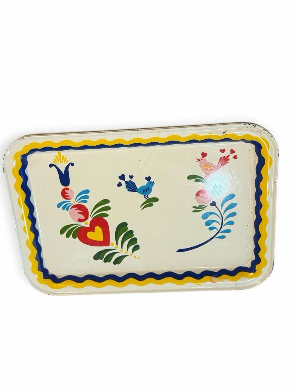 VINTAGE Set of 4 Pennsylvania Dutch Folk Art Metal Serving Trays Birds Hearts